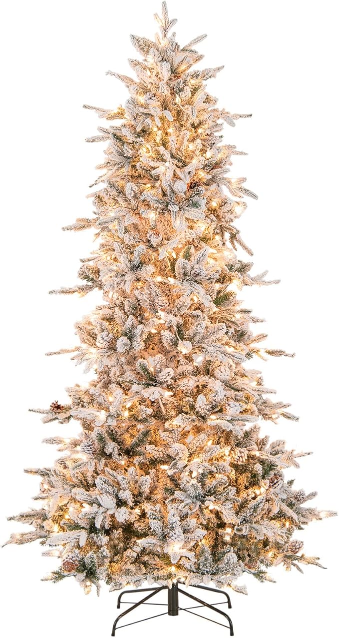 Goplus 7.5ft Pre-Lit Snow Flocked Christmas Tree, Artificial Hinged Xmas Tree with 350 Warm-White Incandescent Lights, 1107 Branch Tips, Natural Pinecones, Metal Stand, for Holiday Office Home Decor