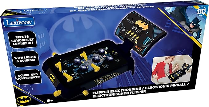 LEXiBOOK Batman Electronic Pinball Machine, Fun Sounds and Light Effects, 5 Obstacles, Works with 3 LR14 Batteries, Black/Yellow, JG610BAT
