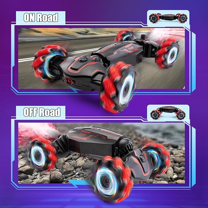 Gesture Sensing RC Stunt Car, 2.4 GHz 4WD Remote Control Car 360° Rotate Transform Off-Road Drift RC Cars with Cool Lights Music, Ideal Presents for Boys Girls for Birthday (Red)