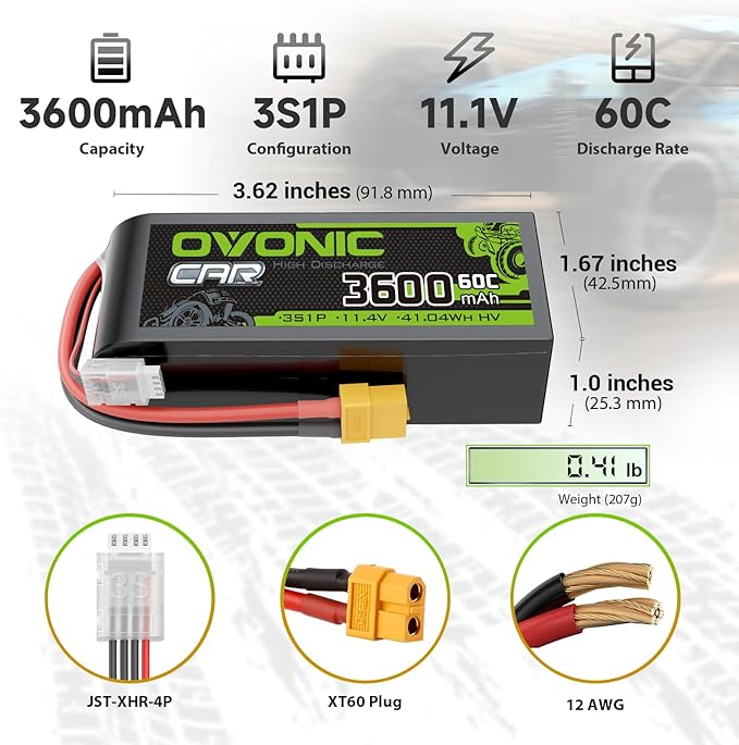 OVONIC 11.4V 60C 3600mAh 3S Lipo Battery with XT60 Plug High Voltage for RC Car Boat Truck Helicopter Airplane Racing Models
