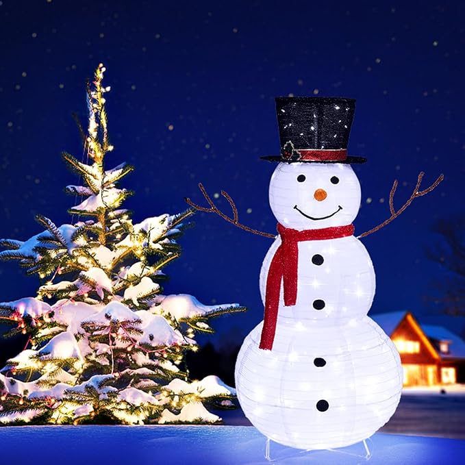 Outvita Outdoor Christmas Decorations 4ft Lighted Snowman, White Snowman with Twinkle Lights Red Scarf Black Hat, Foldable Snowman for Xmas Indoor and Outdoor Garden, Yard Decor