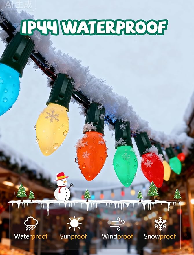 Abeja 25FT Outdoor C7 Multicolor Light, Vintage Christmas String Lights with 27 Multicolor Ceramic Bulbs (2 Spare), Hanging Christmas Lights for Outdoor Xmas Patio Wedding Party Garden Decor