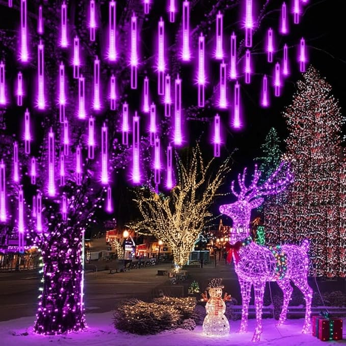 Aokudoni Christmas Decorations Outdoor, Upgraded 12inch/30cm Meteor Shower Rain Lights, Purple Icicle String Lights for Xmas Tree Decoration Holiday New Year Party, UL Plug