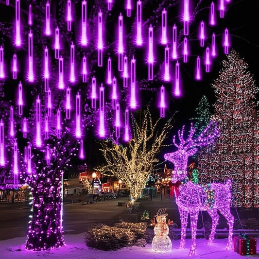Aokudoni Christmas Decorations Outdoor, Upgraded 12inch/30cm Meteor Shower Rain Lights, Purple Icicle String Lights for Xmas Tree Decoration Holiday New Year Party, UL Plug