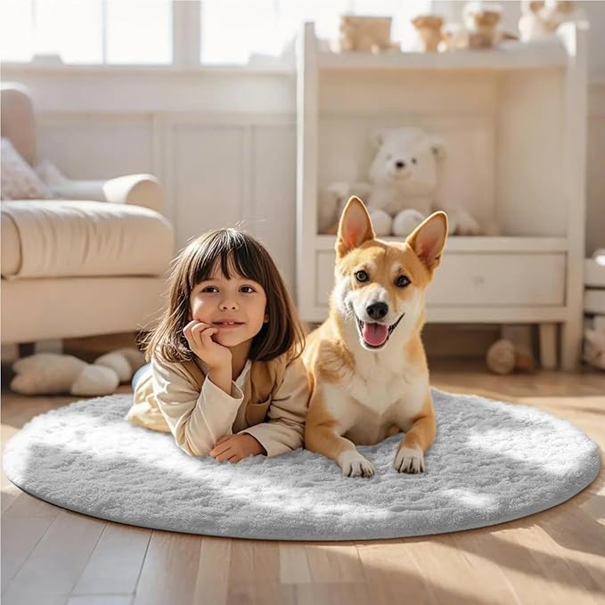 Ophanie Round Rug 4Ft White Circle Area Rug, Aesthetic Room Decor, Fluffy Fuzzy Bedroom Carpet, Plush Soft Shaggy Living Room Rugs for Kids Home Decor, Nursery