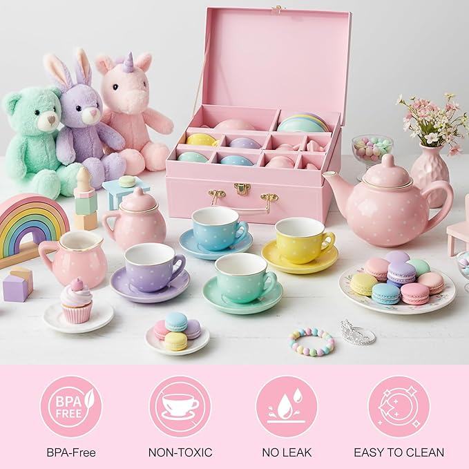 Porcelain Tea Set for Toddlers, Tea Party Set for Little Girls, Kids Tea Set Kitchen Pretend Play, Princess Tea Time Playset with Teapot Cups Carry Case, Toddler Girl Toys Birthday Gifts Age 3+