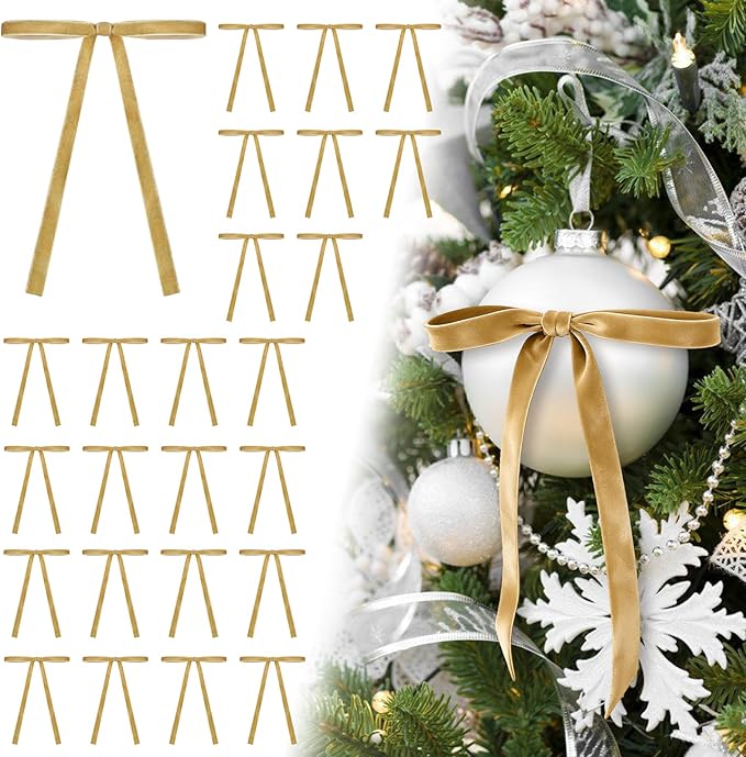 24Pcs Velvet Ribbon 5 x 7 Inch Christmas Ribbon 3/8 Inch Wide Christmas Bows Vintage Velvet Bows for Christmas Tree Khaki Bows for Christmas Tree Decorations