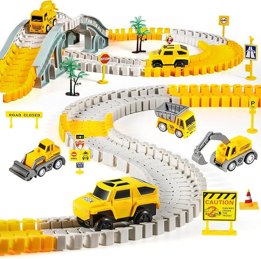260 PCS Construction Race Tracks for Kids Toys, 2 Electric Cars, 4 Construction Cars, 1 Map & Flexible DIY Track Set, Engineering Toys for 3 4 5 6 Year Old Boys Girls