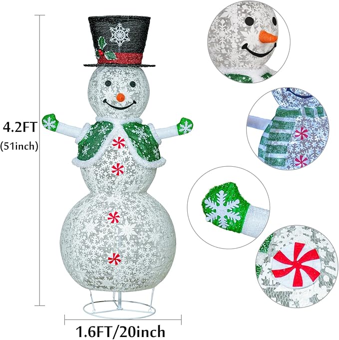 Lighted Snowman Christmas Decorations, 4.1FT Large Collapsible Outdoor Snowman with Green Scarf and Vest, Pop Up Snowman for Indoor/Outside Yard Xmas Lawn Decor