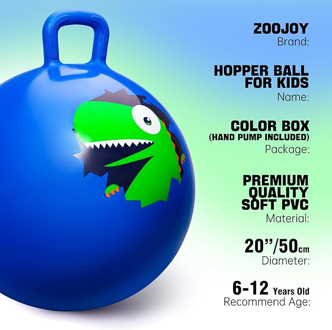 ZOOJOY 20 Inch Hopper Balls for Kids 5-12, Sit On Bouncy Ball with Handle, Inflatable Hippity Hop for Indoor/Outdoor Play, Dinosaur Jumping Toys for Boys & Girls Gifts with Air Pump