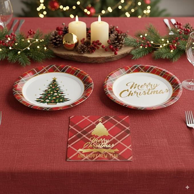 72 Pcs Christmas Plates Disposable Party Set Red Black Plaid Christmas Tree Holiday Paper Plates and Napkins for Chirstmas Party Table Decorations