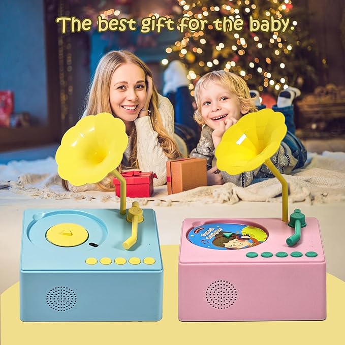 Kids Gramophone with 96 Learning Cards, Toddler Gramophone Music Toy, Kid Phonograph Toddler Record Player, Kid Gramophones, Children's Phonograph Story Music Player Gift Boys Girls (Blue)