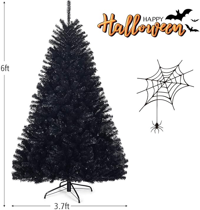 GOFLAME 6FT Artificial Halloween Christmas Tree, 1036 Branch Tips, PVC Needles, Xmas Hinged Pine Tree w/Solid Metal Legs, Unlit Halloween Christmas Tree for Indoor and Outdoor Decoration, Black