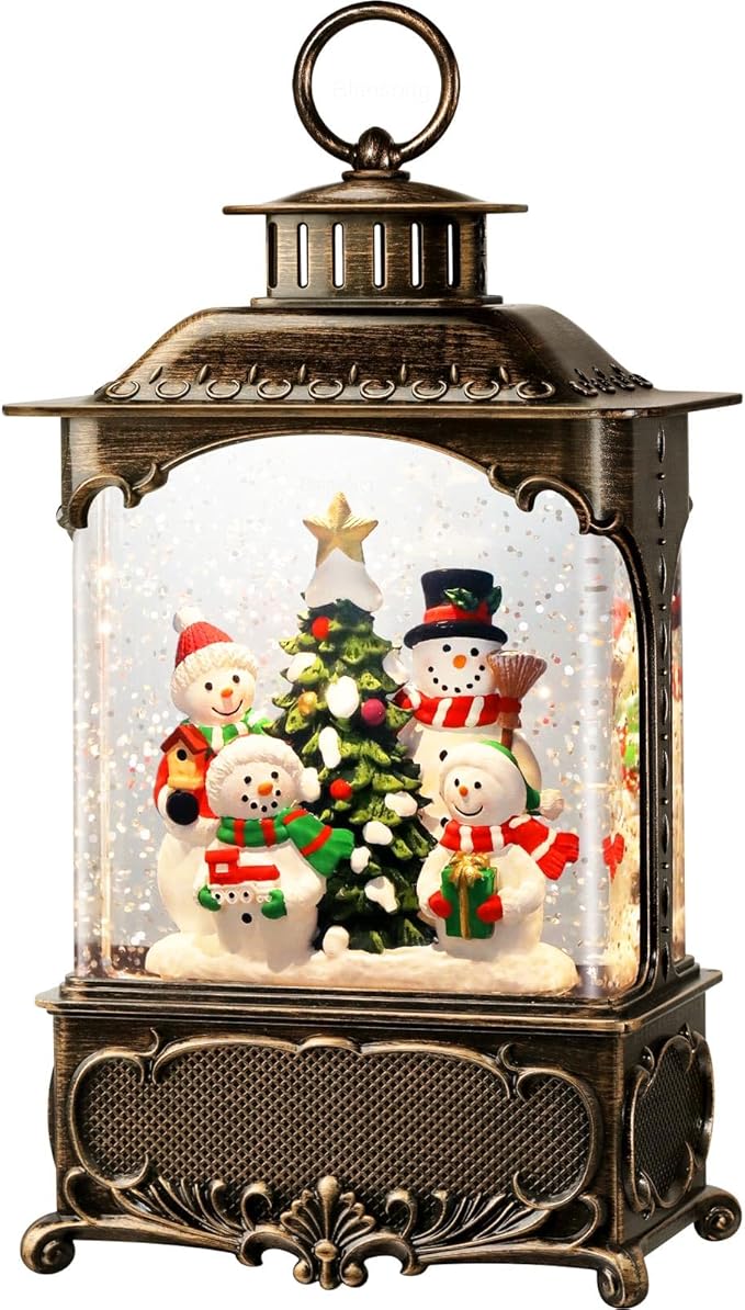 Snowman Snow Globe Lantern Christmas Decorations Gifts Auto Snowfall Glitter Music Collection Snowman Family Christmas Tree with 6H Timer USB/Battery Powered 10.2 inch
