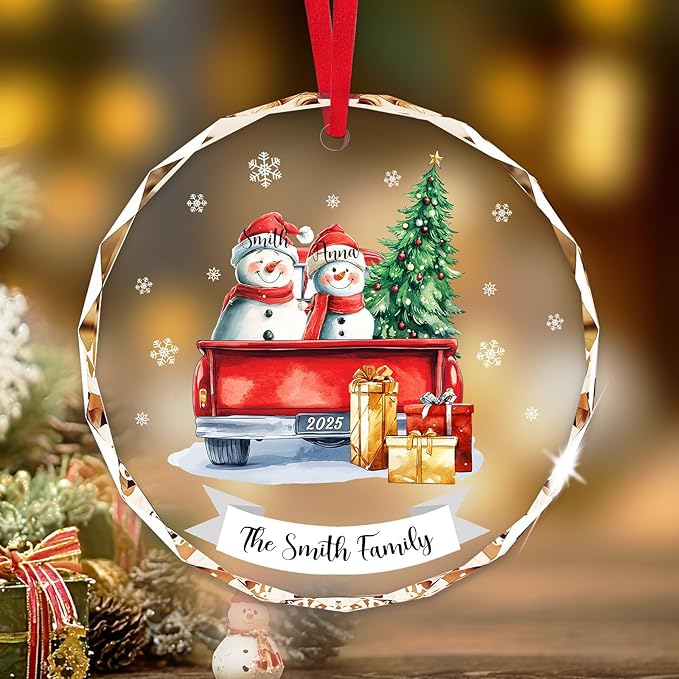 Personalized Christmas Ornaments - Family of 2,3,4,5,6,7,8 Snowman Red Truck Family Christmas Ornament 2025, Custom Name Gift, Holiday Xmas Tree Decoration