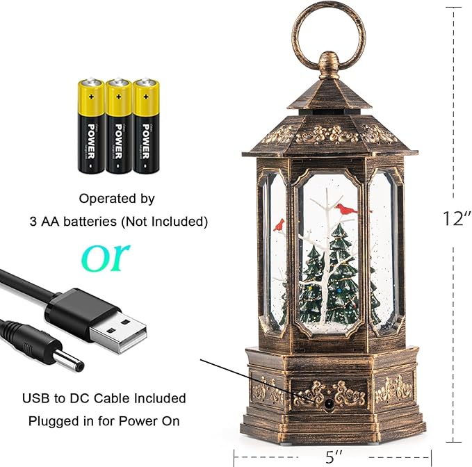 12 "Christmas Snow Globe Lantern, Glitter hex Music Box, USB and Battery-Powered Decorations (Cardinals in The Deep Woods)
