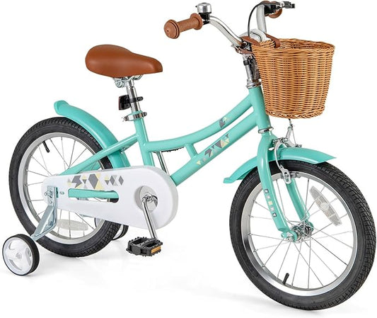 BABY JOY Retro Kids Bike, 12 14 16 18 Inch Child Bike for 3-8 Years Old w/Rattan Basket, Adjustable Height, Training Wheels, Fenders, Handbrake Coaster Brake, 95% Pre-Assembled Kids Bicycle for Girls