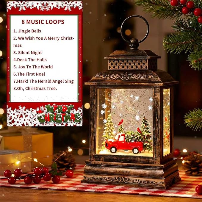 11.75" Christmas Snow Globe Lamp with Christmas Tree & Red Truck Inside,Musical Waterglobe Holiday Decor with 6h Timer,USB Power, Indoor Use for Festive Room Light, Best Gift for Christmas,New Year