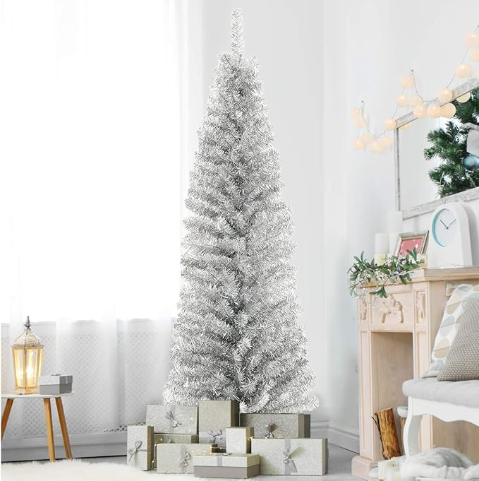 HAPPYGRILL 6 Feet Sliver Pencil Christmas Tree Artificial Slim Christmas Tree Skinny Xmas Tree with Metal Stand, Realistic Unlit Pine Tree with 520 Branch Tips for Indoor Outdoor