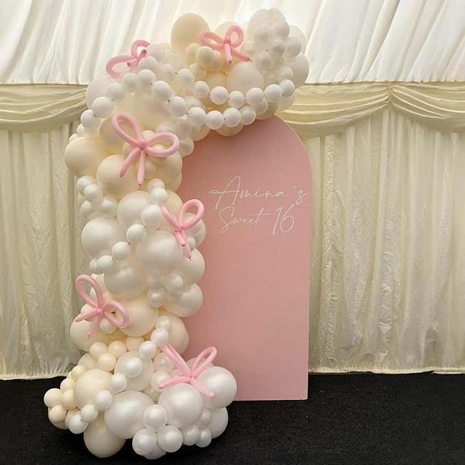Pearl White Balloon Garland Arch Kit 132 Pcs Bow Coquette Sand White Ivory Party Balloons with Pastel Pink Long Latex Balloon for Girls Princess Wedding Baby Shower Bridal Birthday Party Decor
