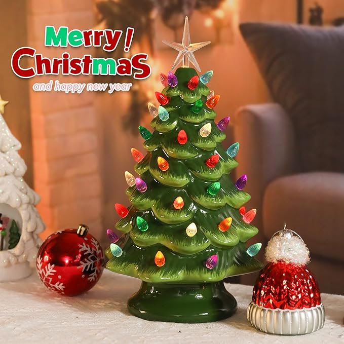 Small Ceramic Christmas Tree Hand-Painted Vintage Tabletop Green Christmas Tree Holiday Decoration with Multi-Color Lights Xmas Trees 12 inch