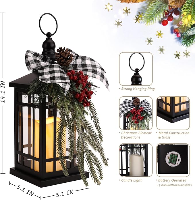 Christmas Decorations Christmas Lantern, Christmas Decor Candle Lanterns, 14 Inch Flameless Candle Lantern, Outdoor Patios Indoor Home Table Fireplace Farmhouse Decorations,Holiday Xmas Gifts