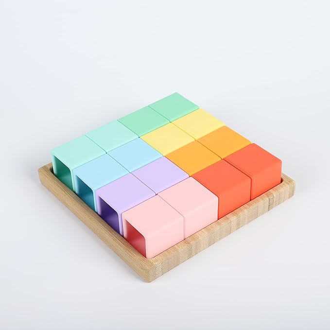 BLUE GINKGO Silicone Rainbow Blocks – [16 PC] Giftable Soft Blocks for Kids, BPA-Free Montessori Stacking Toy with Sorting Tray (Pastel)