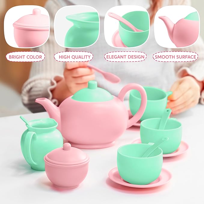 JOYIN 18PCS Pretend Tea Party Set, Plastic Tea Set, Mini Kitchen for Kids, Gifts for Toddler Boys Girls Ages 3 4 5 6 Years Old