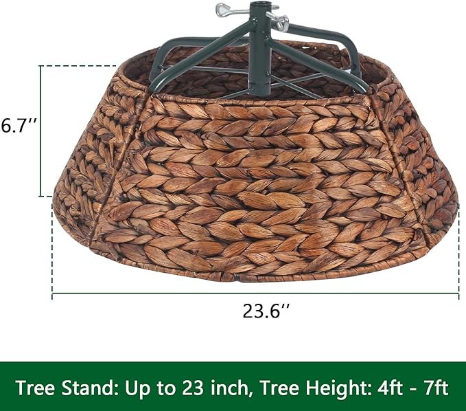 Christmas Tree Collar 24'' D Handmade Hyacinth Tree Collar Basket Rattan Wicker Christmas Woven Tree Ring Stand Base Cover for Christmas Holiday Decoration-Brown Washed