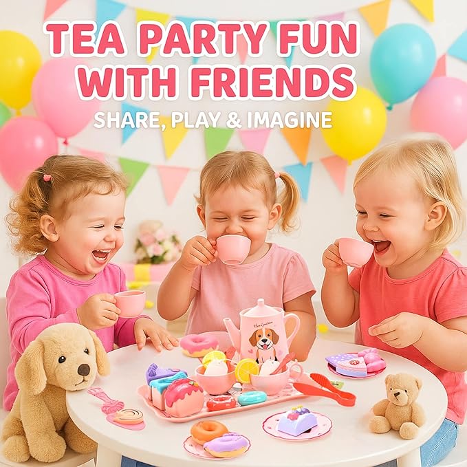 Dog Toys for Kids – Plastic Tea Party Set for Toddlers & Little Girls Ages 3-8, Puppy-Themed Pretend Play Kitchen Toy with Teapot, Cups, Saucers, Desserts & Tray | Birthday Gift Idea