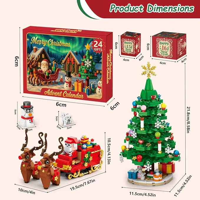 Christmas Tree Advent Calendar 2025, 24 Day Countdown Kit with 912PCS Building Blocks Set, Xmas Holiday Decorations Gift for Kids Teen Girls Boys (Santa Sleigh Reindeer)
