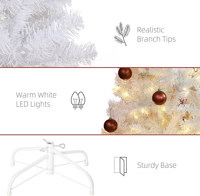 HOMCOM 7.5' Tall Prelit Christmas Tree Douglas Fir Artificial Christmas Tree with Realistic Branches, 500 Warm White LED Lights and 1346 Tips, White