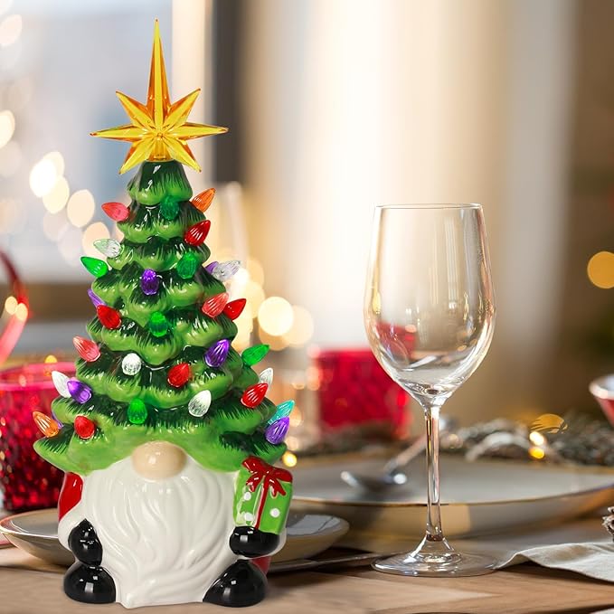 Gnomes Christmas Decorations - 12" Lighted Up Gnomes Ceramic Christmas Tree with 46 Multicolored Lights - Mini Pre-lit Hand-Painted Xmas Tree Decor for Home Indoor