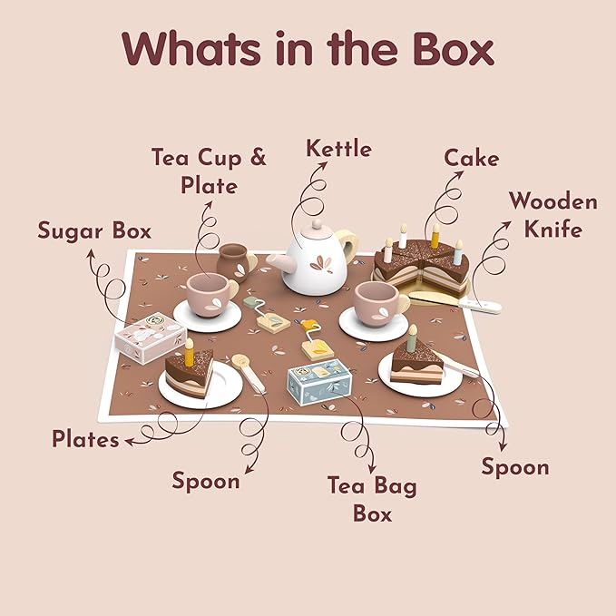 SPEEDY MONKEY Birthday Tea Set for Kids – FSC Wooden Pretend Play Tea Party & Food Set with Teapot, Cups, Cake & Tea Bag – Toddler Girls Imaginative Role Play Kitchen Toy – Colorful Gift for Dollhouse