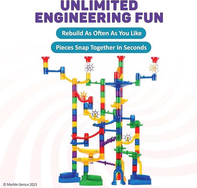 Marble Genius Marble Run - 150 Complete Pieces Maze Track Easter Toys for Adults, Teens, Toddlers & Kids Aged 4-8 Years Old, (85 Translucent Marbulous Pieces + 65 Glass-Marble Set), Super Set