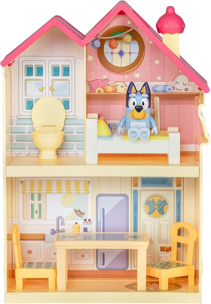 Bluey Mini Home Playset | Compact House Playset with Carry Handle | Three Different Rooms | Kitchen, Bedroom and Bathroom | Includes Figure with 5 Play Pieces
