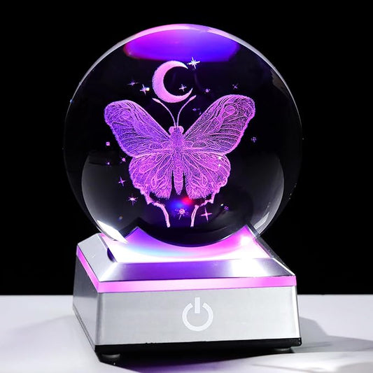 3D Crystal Butterfly Ball Gifts for Women, Gifts Ideas for Wife Mom Girlfriend Couple Her, Butterfly with Star Moon in Crystal Ball 3.15in with Colorful LED Light Base Home Office Decor