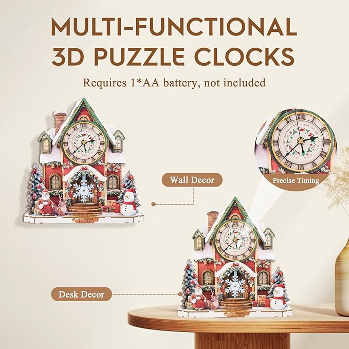 3D Puzzles for Adults Clock-Christmas House Design Model Kit-Mechanical DIY Pendulum Clock with Roman Numerals-Desk Home Office Decor Personalized Gift for DIY Lovers