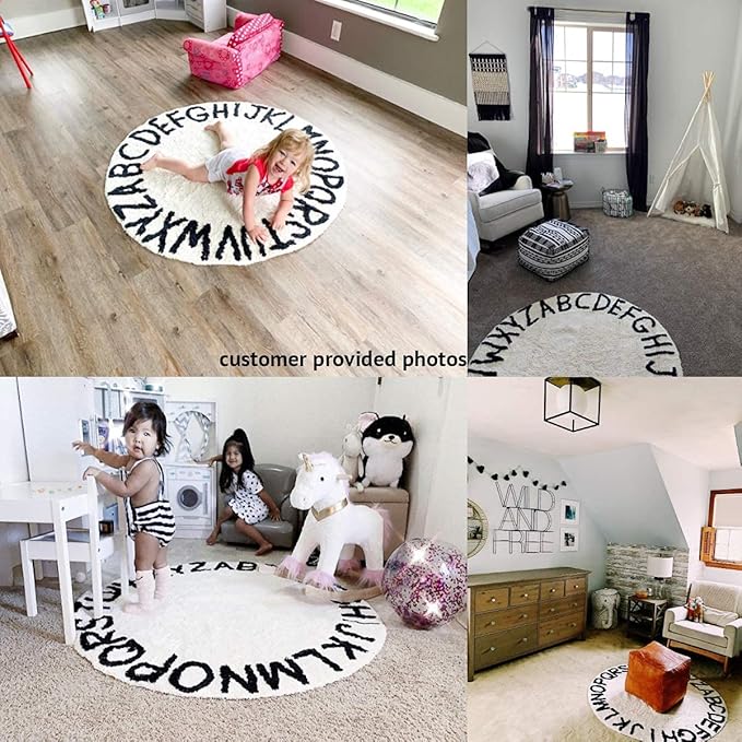 ABC Rug for Kids Room Circle Alphabet Nursery Rug for Baby Boy and Girl - Round Neutral Toddler Playroom Rug, Letter Learning Carpet(47", Black White)