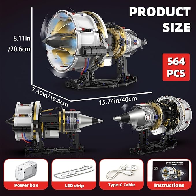 Aircraft Engine Toys Building Sets,Turbofan Engine Model That Run with Motor and Lights,Mechanical Science Education STEM DIY Project Building Kit for Adults and Kids Aged 8-14 (564 pcs)