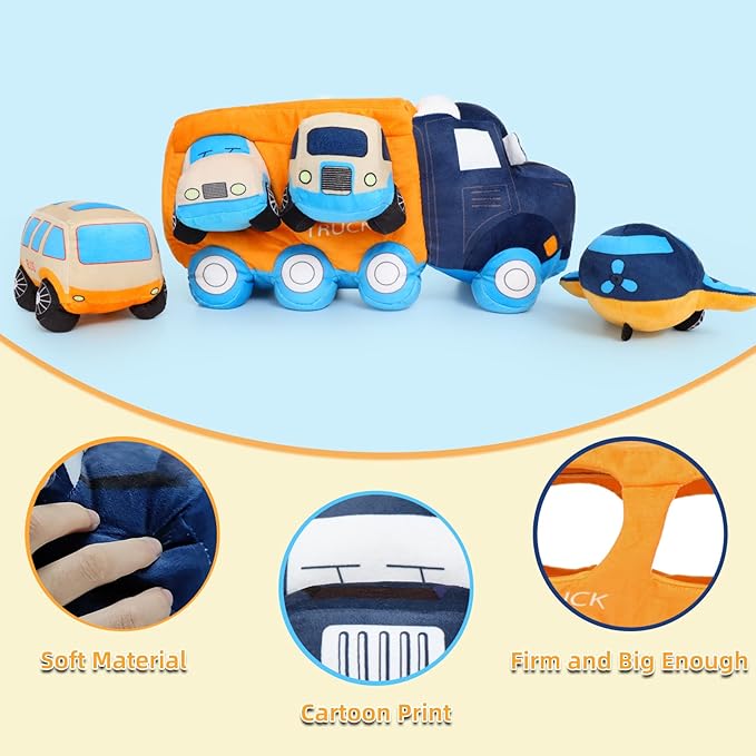 Muiteiur Big Car Stuffed Plush Toy, Soft Truck Toy Set with 4 Stuffed Baby Vehicles Toys Include Taxi Bus Airplane Tanker, Cute Cartoon Plush Gift for Kids Babies (15.7inch)