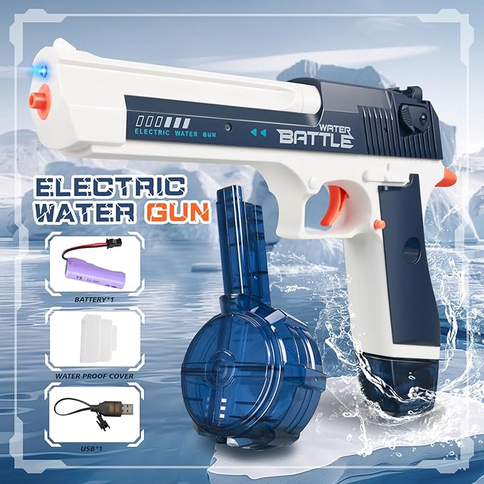 Electric Water Gun with Light - Automatic Water Gun with Drum, Realisty Water Pistol, Blue