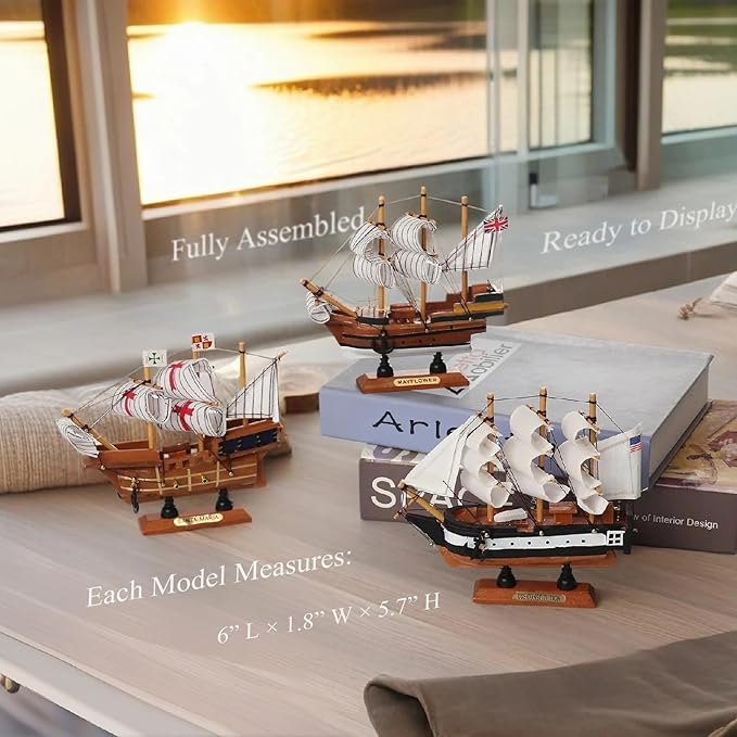 Historic Wooden Ship Models 6inch Set 3 Pack, Mayflower, Santa Maria, USS Constitution, Nautical Home Sailboat Decor Gift for Son