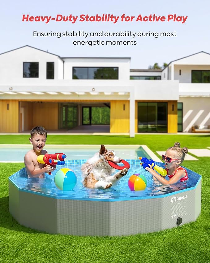 Peteast Foldable Dog Pool with Sturdy Round Design, Extra Large Portable Pet Bathtub, Durable 64" Diameter Portable Design for Backyard & Indoor Use (Includes 2 Flying Disks)