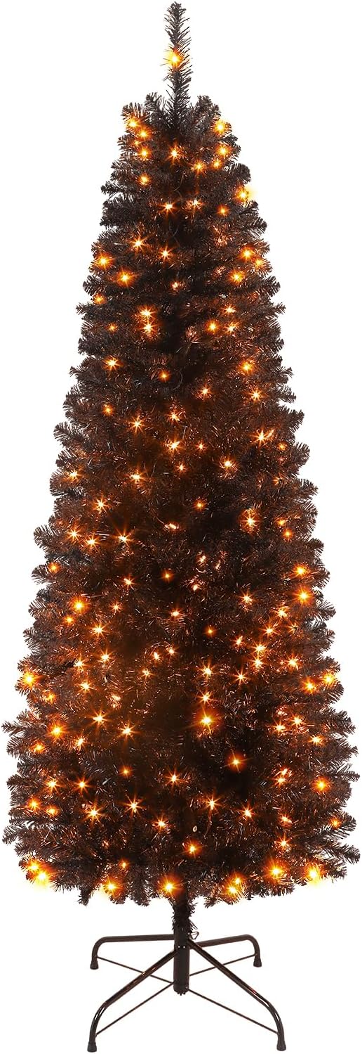 SHareconn 4ft Prelit Artificial Hinged Slim Pencil Christmas Tree with Warm White Lights, Full Branch Tips, Perfect Choice Decoration for Xmas Holiday, 4 FT, Black