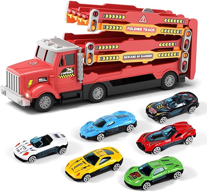 HONGTUO Toy Truck for Kids Truck Race Track with 6 Cars, 2-Player Racing Mode, Lights & Sounds, Ideal Christmas or Birthday Present for Toddlers Age 3 4 5 6+Years Old Boys Girls