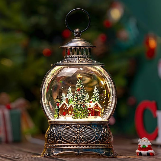 Christmas Snow Globes Water Lantern with Christmas Tree Village, Music & 6H Timer, USB Lined/Battery Operated Lighted Lanterns for Xmas Festival Decoration Gifts