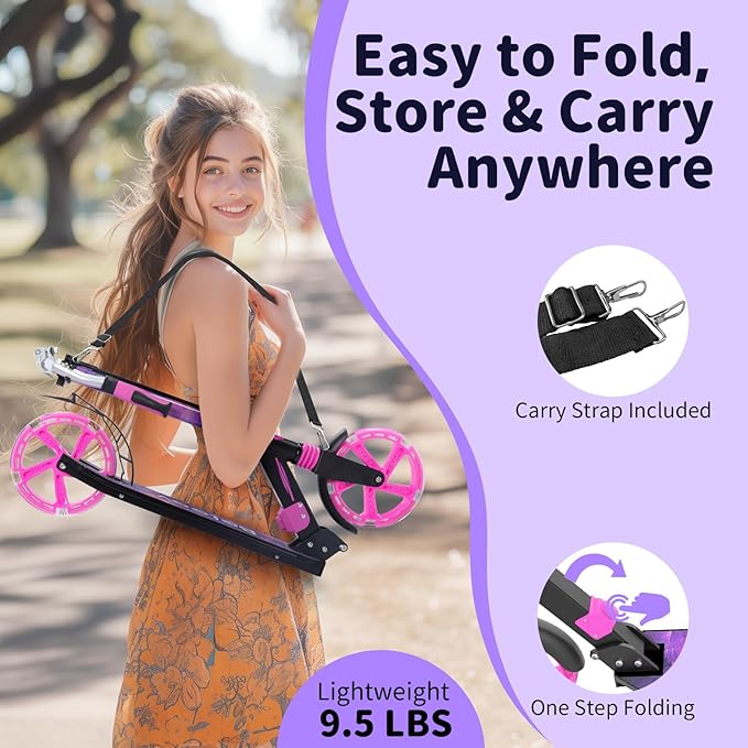 BELEEV V8 Scooters for Kids Ages 6+ with Light-Up Deck, 2 Wheel Folding Scooter for Adults Teens, 4 Adjustable Height, Lightweight Sport Commuter Scooter, Sturdy Frame, Max Load 220 lbs