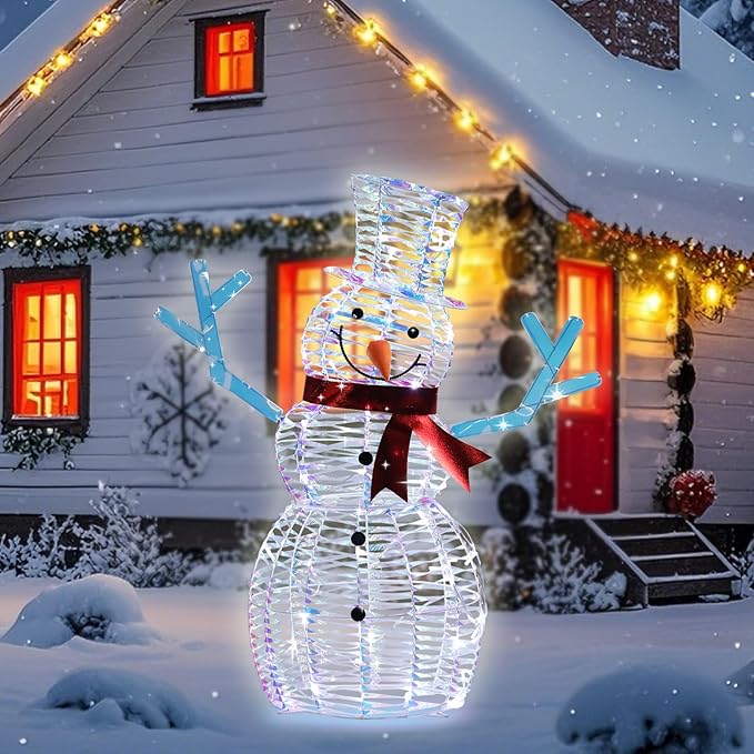 VCUTEKA Christmas Outdoor Decorations - 3FT Christmas Glittering Snowman with Red Scarf and LED Light for Xmas Home Yard Patio Lawn Garden Festive Holiday Décor