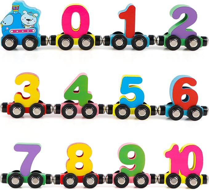 Wondertoys 12 PCS Wooden Number Train Set Toy Includes 1 Engine Cars for Toddlers Boys and Girls, Compatible with Major Brands Train Set Tracks